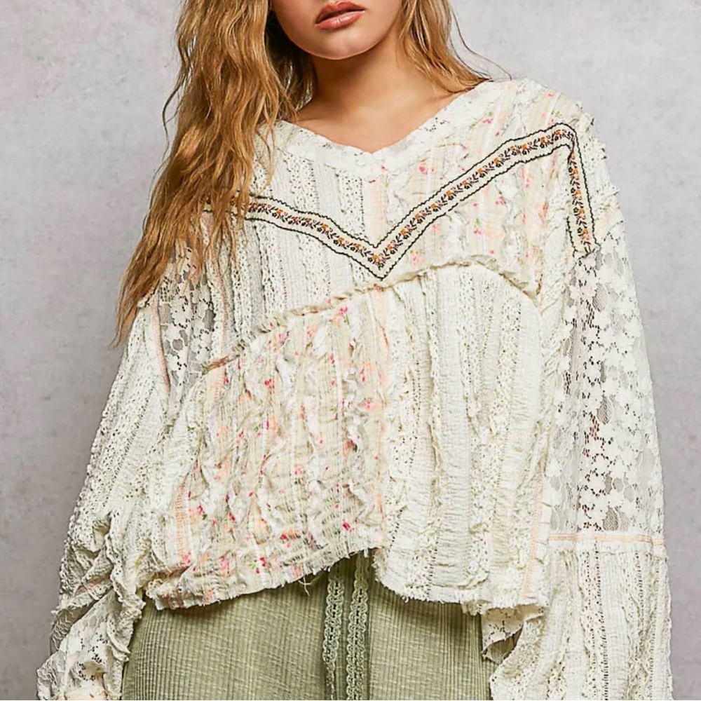 NEW Arrival POL : “The Sweetheart” Boho Lace Ivory with soft Pink floral Top
